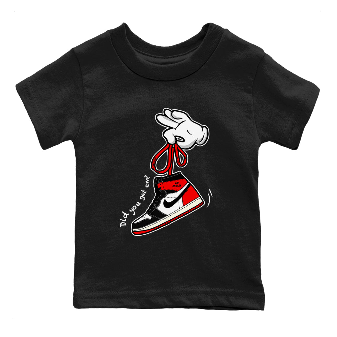 1s Black Toe Reimagined shirts to match jordans Cartoon Hands sneaker match tees Air Jordan 1 Black Toe Reimagined SNRT Sneaker Release Tees Youth Baby Black 2 crew neck shirts