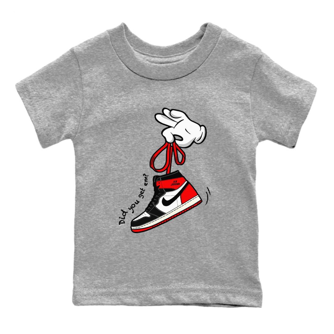 1s Black Toe Reimagined shirts to match jordans Cartoon Hands sneaker match tees Air Jordan 1 Black Toe Reimagined SNRT Sneaker Release Tees Youth Baby Heather Grey 2 crew neck shirts