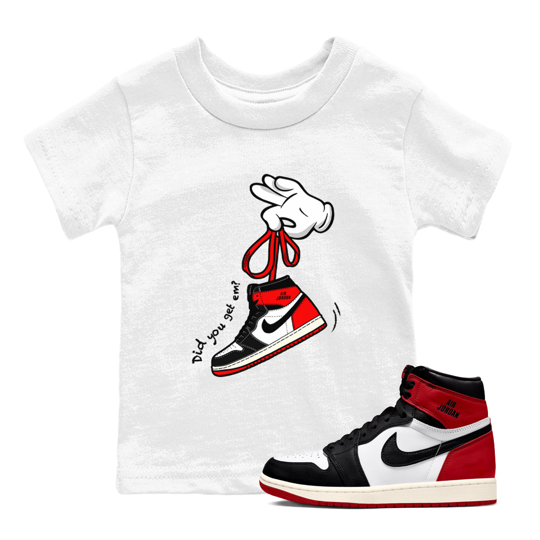 1s Black Toe Reimagined shirts to match jordans Cartoon Hands sneaker match tees Air Jordan 1 Black Toe Reimagined SNRT Sneaker Release Tees Youth Baby White 1 crew neck shirts