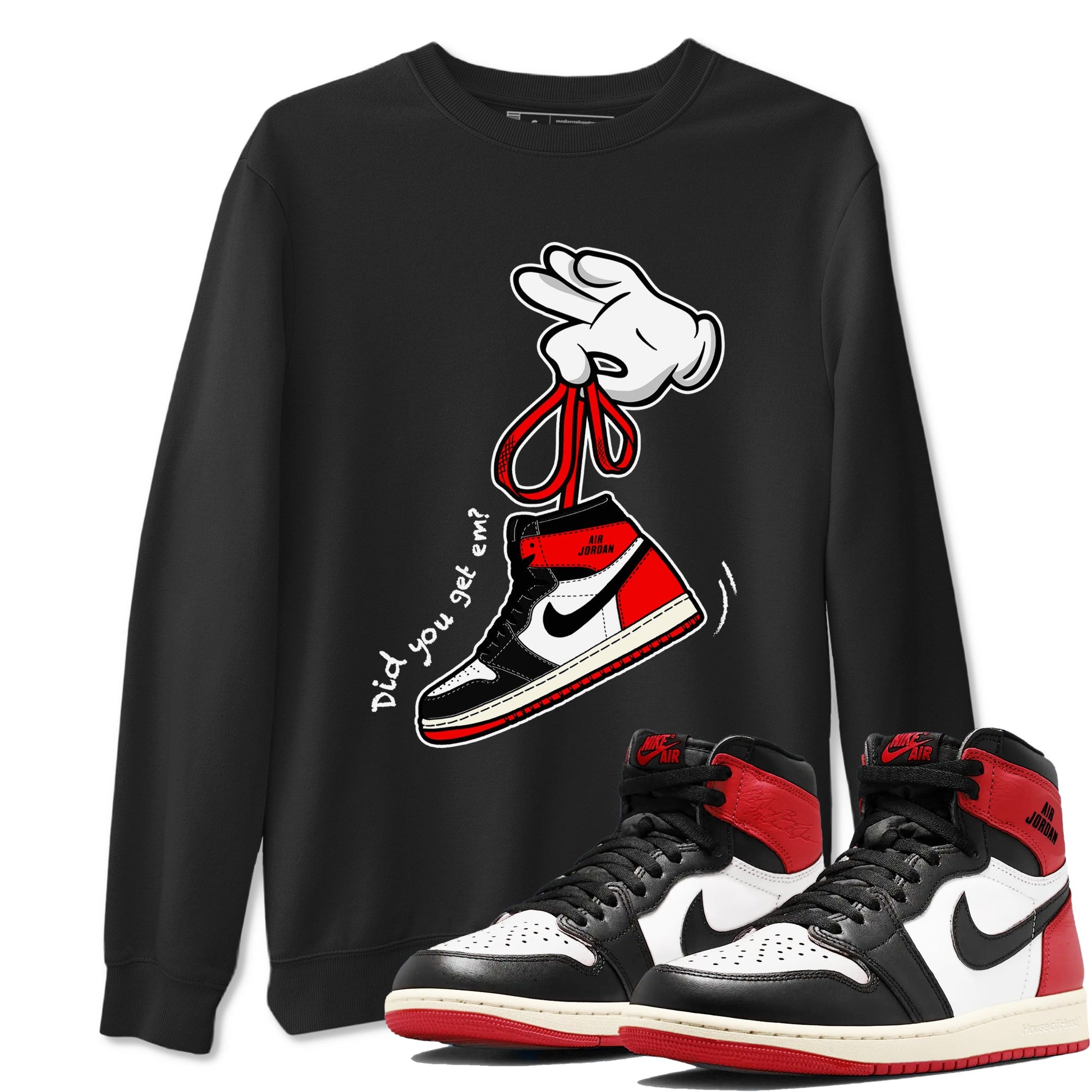 1s Black Toe Reimagined shirts to match jordans Cartoon Hands sneaker match tees Air Jordan 1 Black Toe Reimagined SNRT Sneaker Release Tees unisex cotton Black 1 crew neck shirts