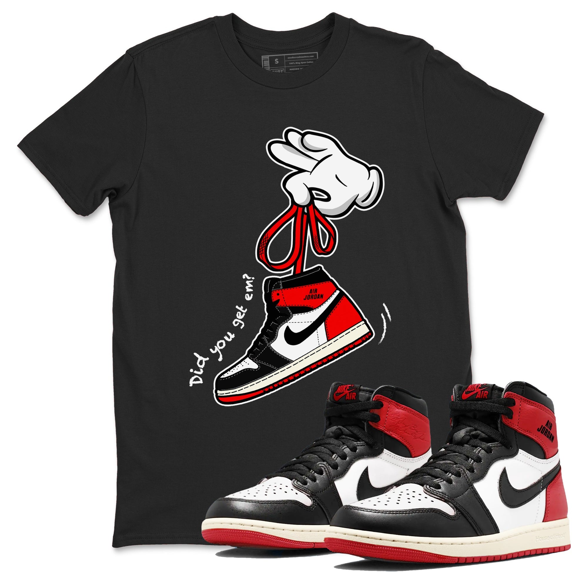 1s Black Toe Reimagined shirts to match jordans Cartoon Hands sneaker match tees Air Jordan 1 Black Toe Reimagined SNRT Sneaker Release Tees unisex cotton Black 1 crew neck shirts