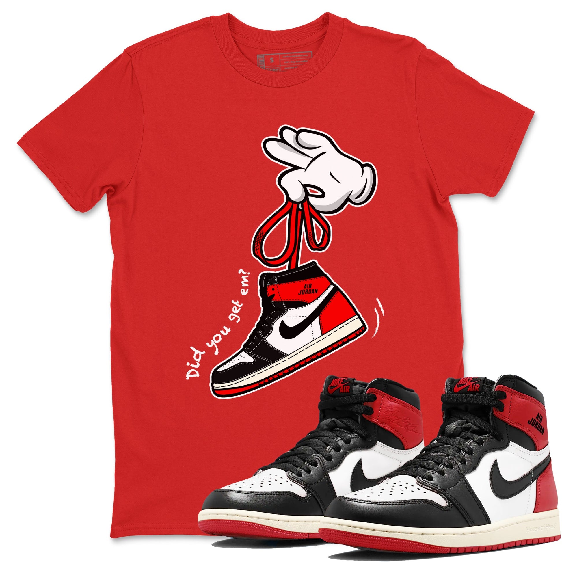 1s Black Toe Reimagined shirts to match jordans Cartoon Hands sneaker match tees Air Jordan 1 Black Toe Reimagined SNRT Sneaker Release Tees unisex cotton Red 1 crew neck shirts