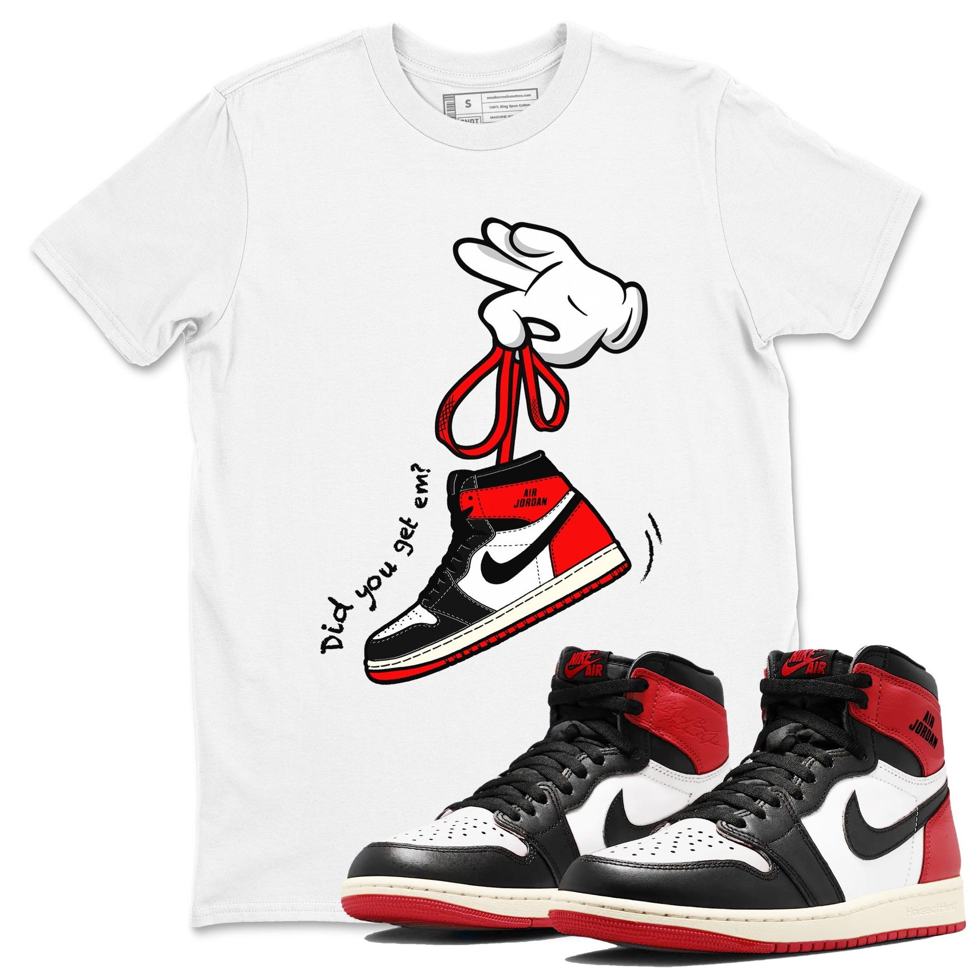 1s Black Toe Reimagined shirts to match jordans Cartoon Hands sneaker match tees Air Jordan 1 Black Toe Reimagined SNRT Sneaker Release Tees unisex cotton White 1 crew neck shirts