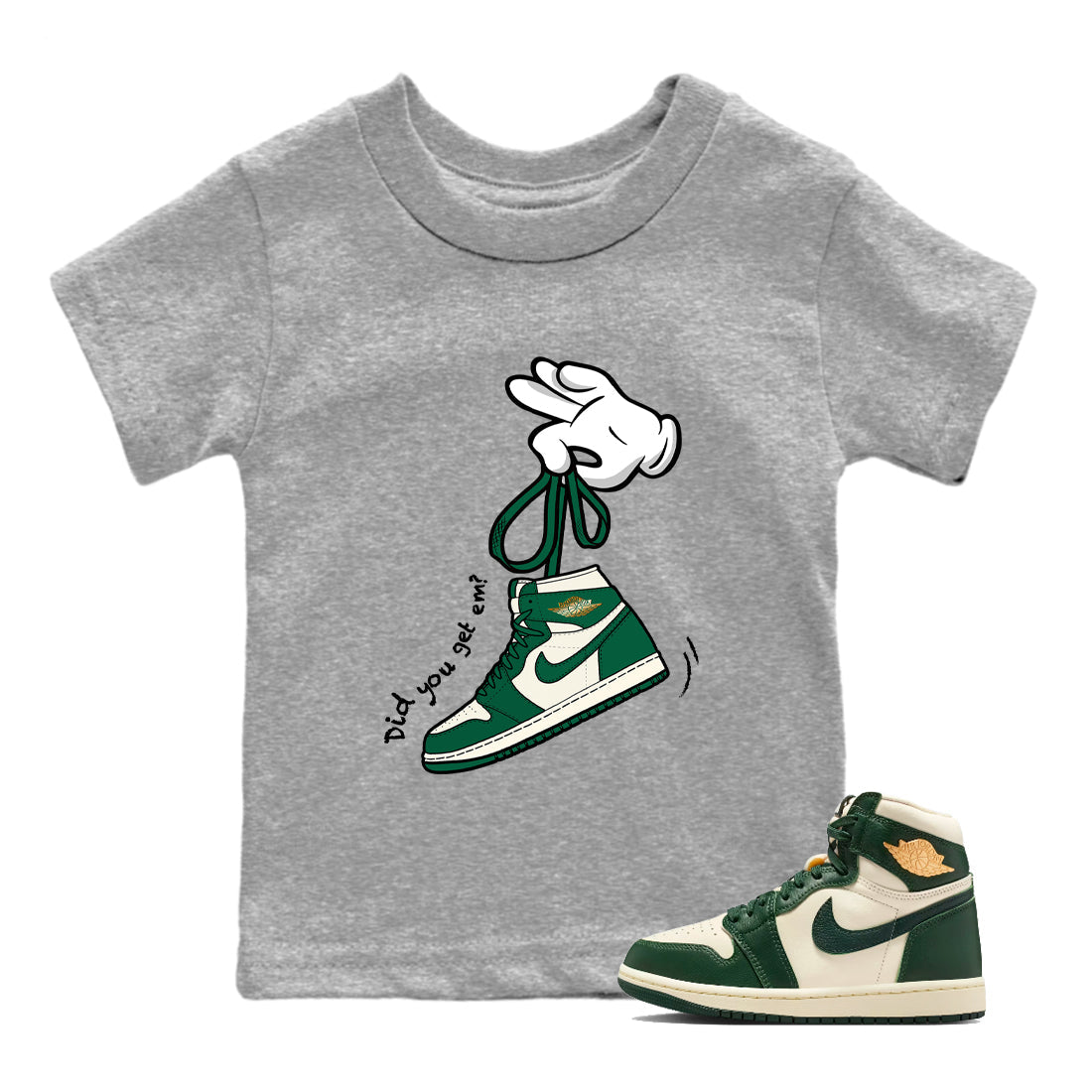 Sneaker Threads – Sneaker Tees To Match Air Jordan 1 Pro Green – Cartoon Hands Youth Graphic Tee Heather Grey 1. Perfect for Jordan releases 2025 colorways.