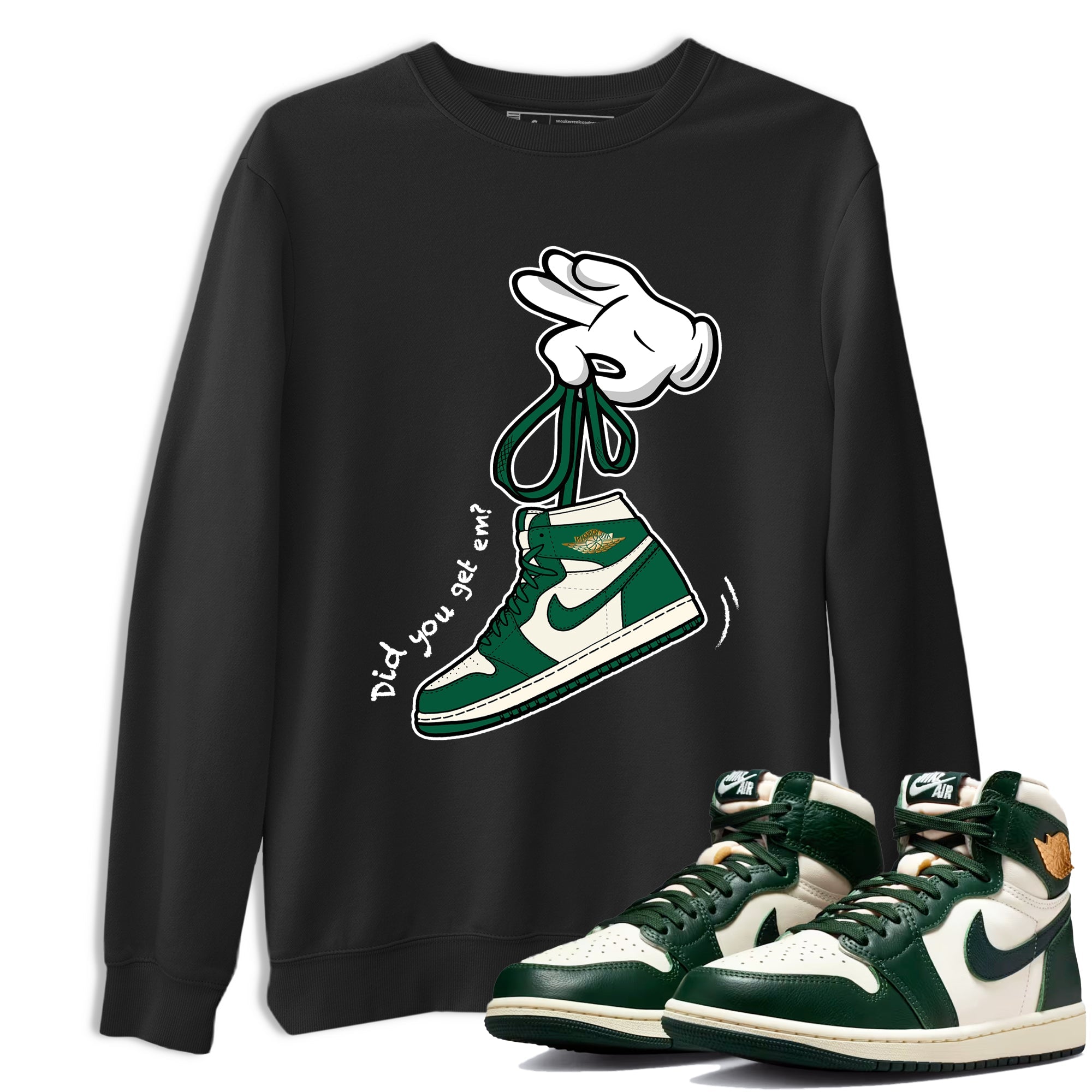 Sneaker Threads – Sneaker Tees To Match Air Jordan 1 Pro Green – Cartoon Hands Graphic Tee Black 1. Perfect for Jordan releases 2025 colorways.