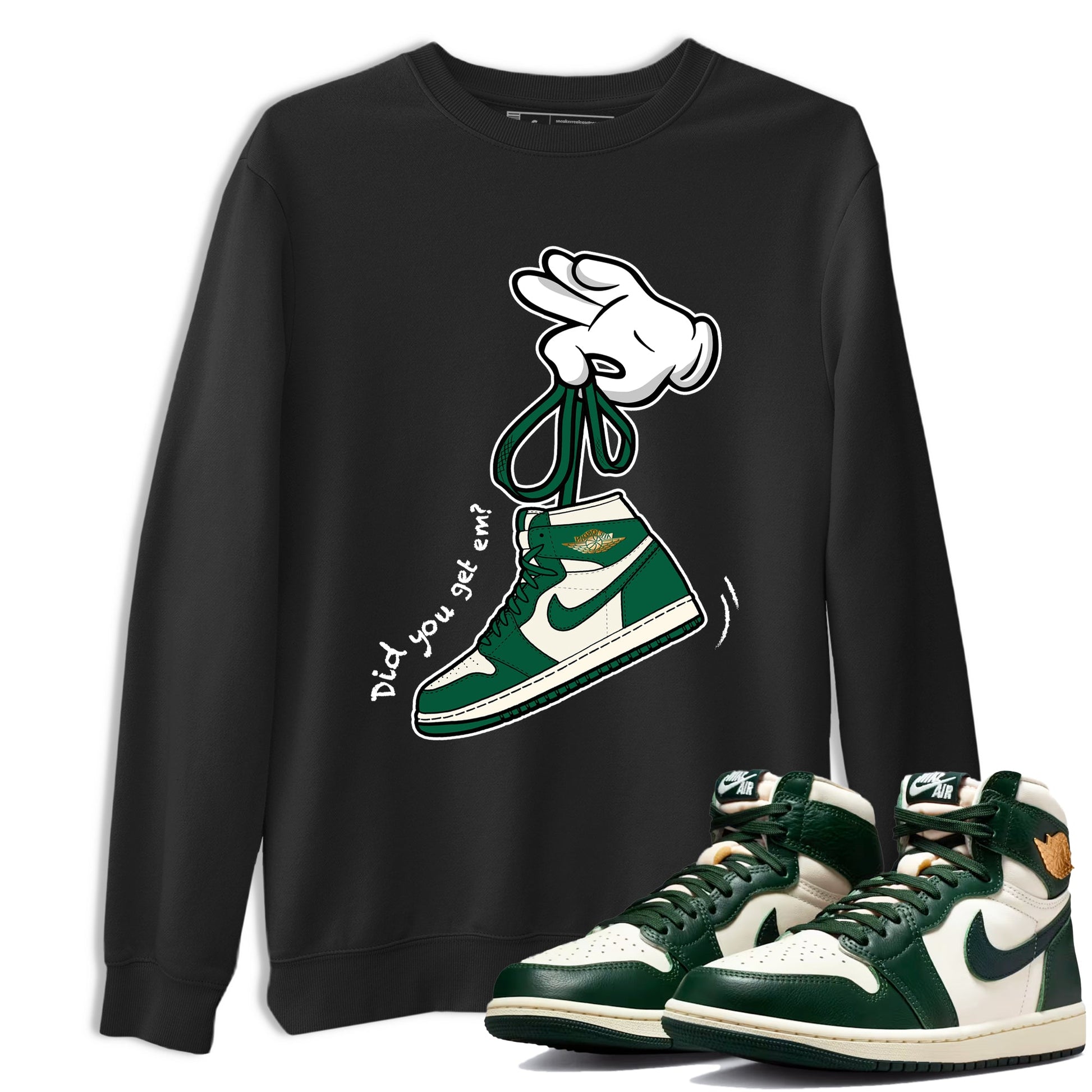 Sneaker Threads – Sneaker Tees To Match Air Jordan 1 Pro Green – Cartoon Hands Graphic Tee Black 1. Perfect for Jordan releases 2025 colorways.