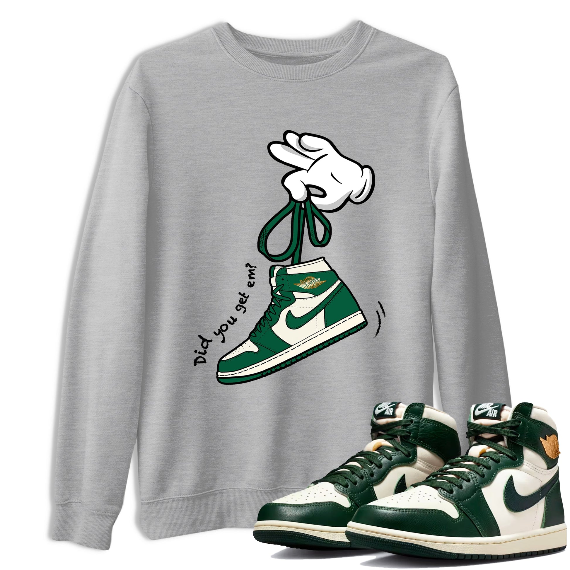 Sneaker Threads – Sneaker Tees To Match Air Jordan 1 Pro Green – Cartoon Hands Graphic Tee Heather Grey 1. Perfect for Jordan releases 2025 colorways.