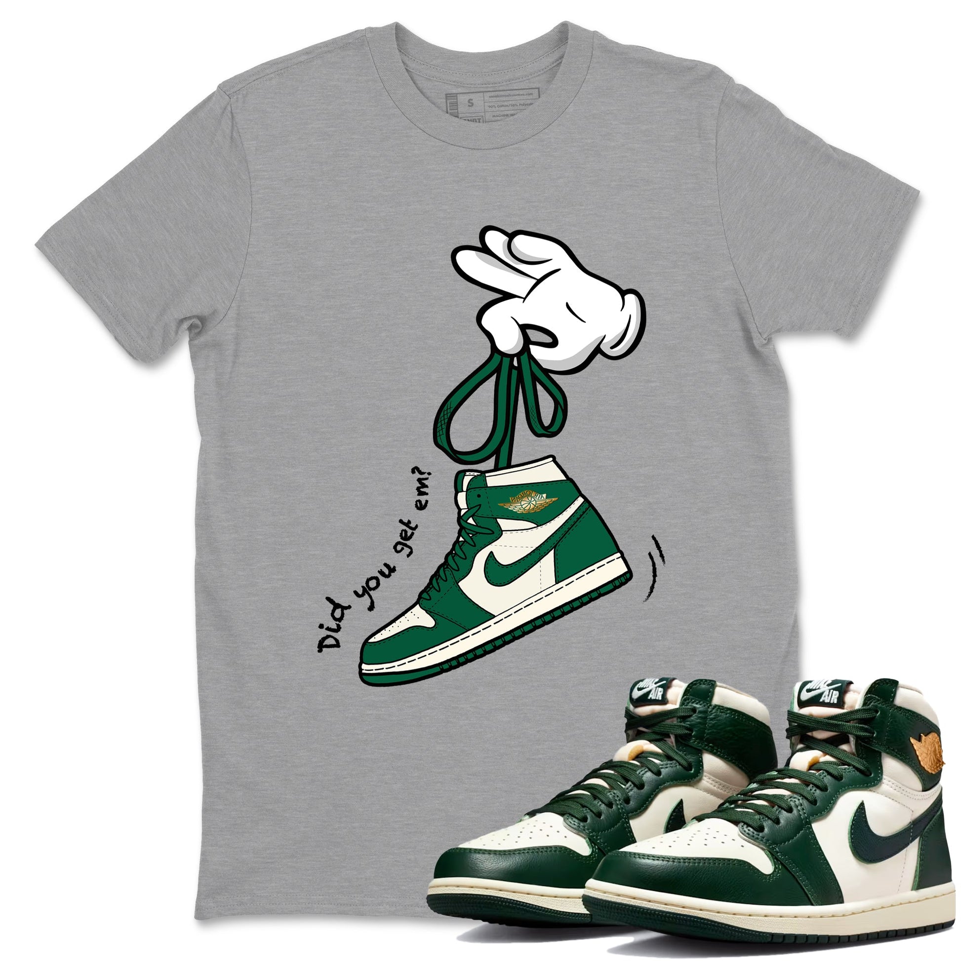 Sneaker Threads – Sneaker Tees To Match Air Jordan 1 Pro Green – Cartoon Hands Graphic Tee Heather Grey 1. Perfect for Jordan releases 2025 colorways.