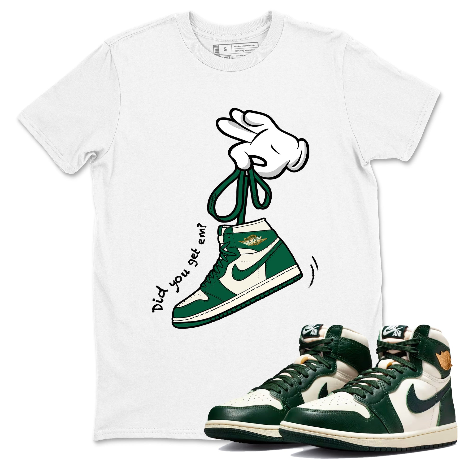 Sneaker Threads – Sneaker Tees To Match Air Jordan 1 Pro Green – Cartoon Hands Graphic Tee White 1. Perfect for Jordan releases 2025 colorways.
