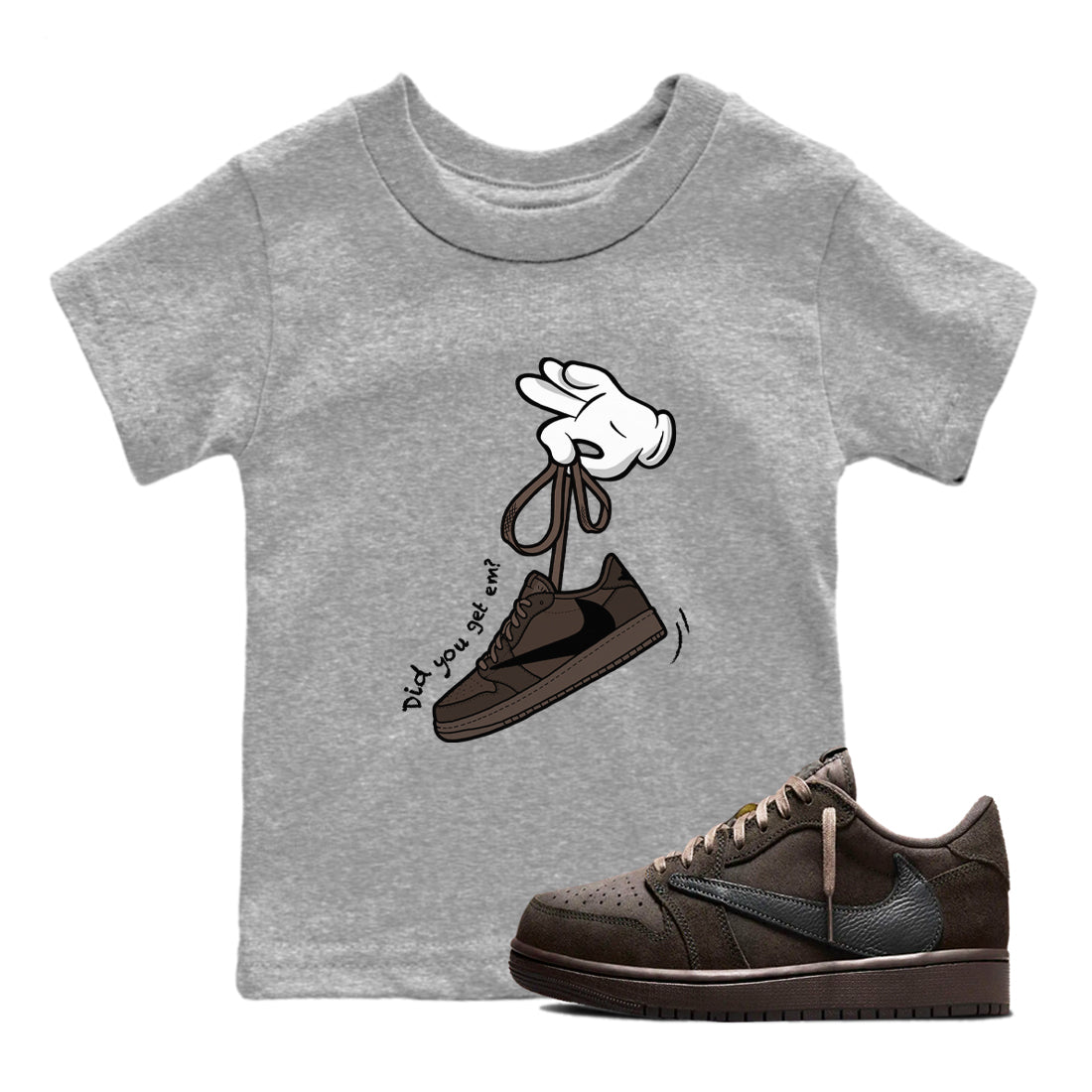 AJ1 Travis Scott Velvet Brown and Dark Mocha shirts to match jordans Cartoon Hands sneaker match tees 1s Travis Scott Velvet Brown match shoes to clothes SNRT Sneaker Tees Youth Baby Heather Grey 1 tee