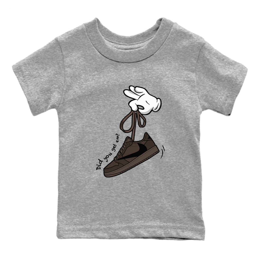 AJ1 Travis Scott Velvet Brown and Dark Mocha shirts to match jordans Cartoon Hands sneaker match tees 1s Travis Scott Velvet Brown match shoes to clothes SNRT Sneaker Tees Youth Baby Heather Grey 2 tee
