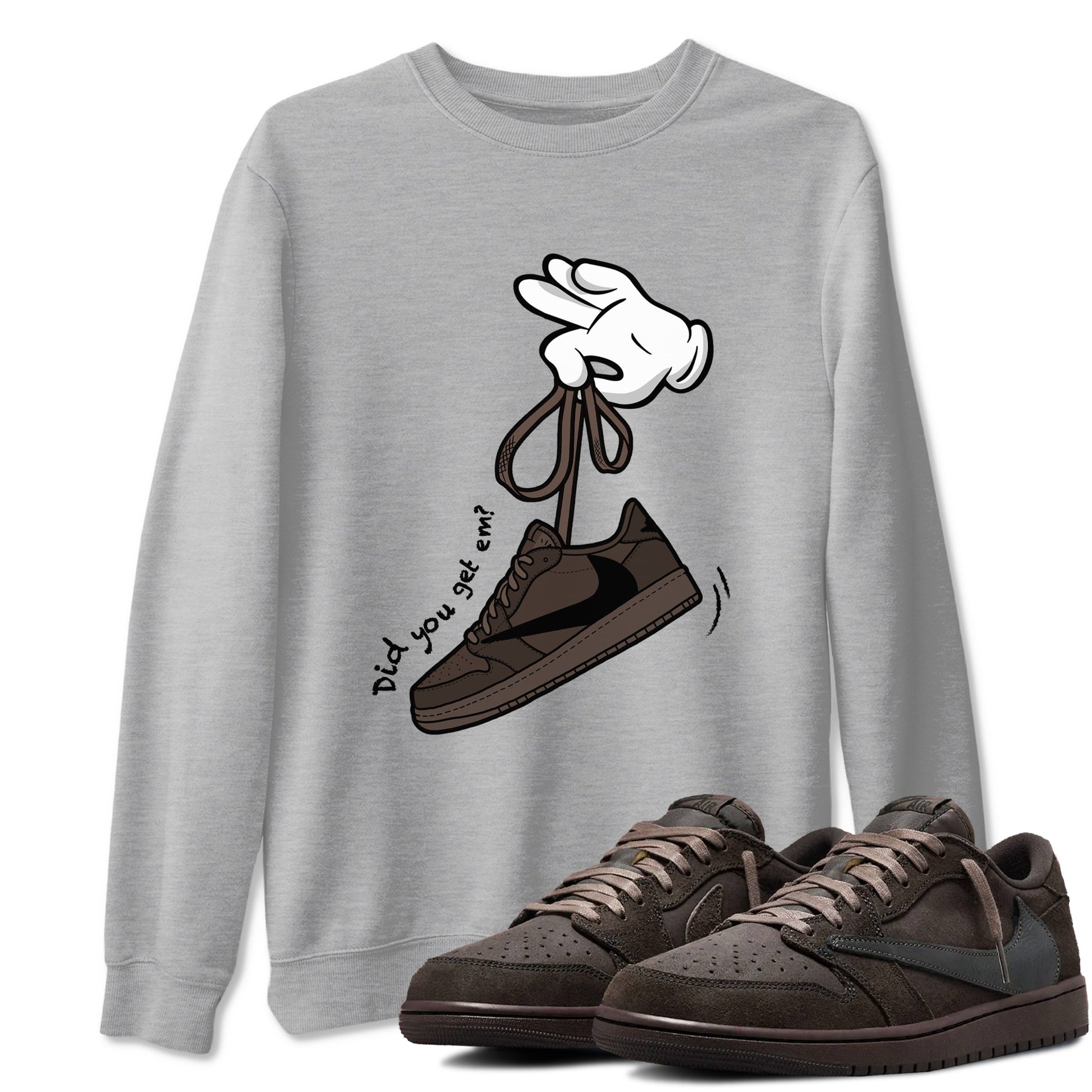 AJ1 Travis Scott Velvet Brown and Dark Mocha shirts to match jordans Cartoon Hands sneaker match tees 1s Travis Scott Velvet Brown match shoes to clothes SNRT Sneaker Tees unisex cotton Heather Grey 1 shirts