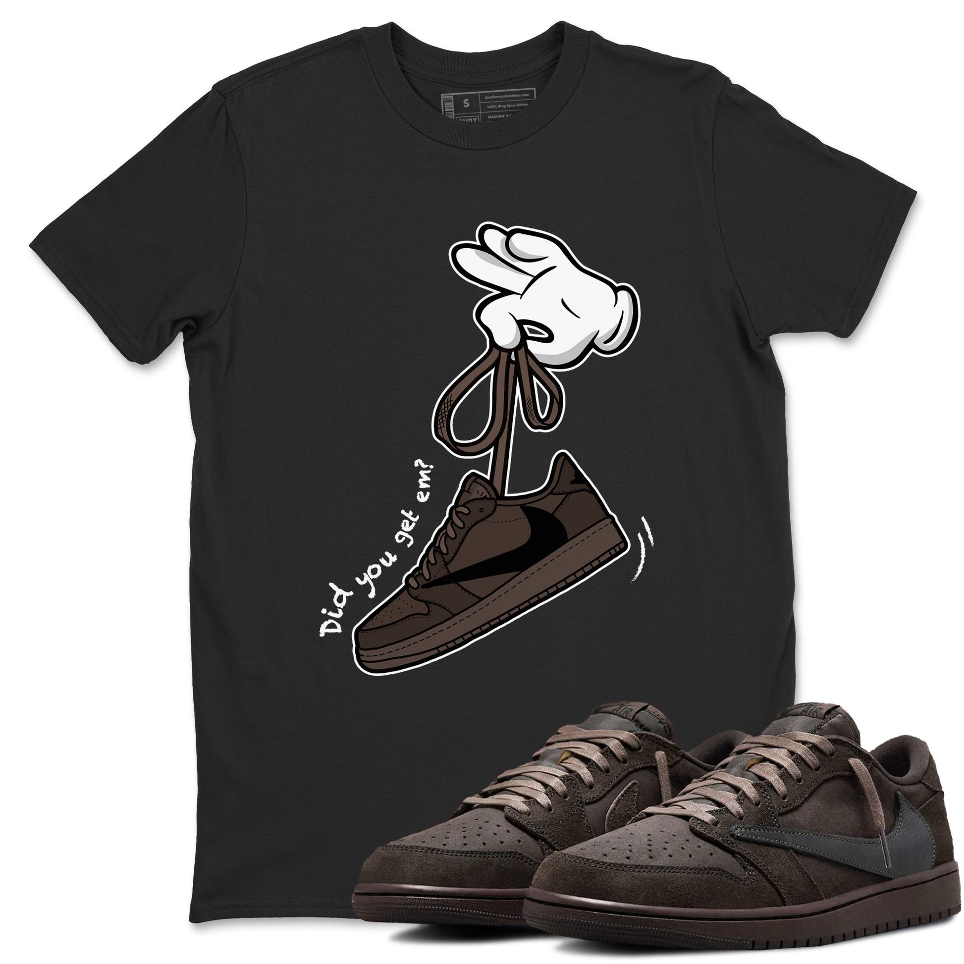 AJ1 Travis Scott Velvet Brown and Dark Mocha shirts to match jordans Cartoon Hands sneaker match tees 1s Travis Scott Velvet Brown match shoes to clothes SNRT Sneaker Tees unisex cotton Black 1 shirts