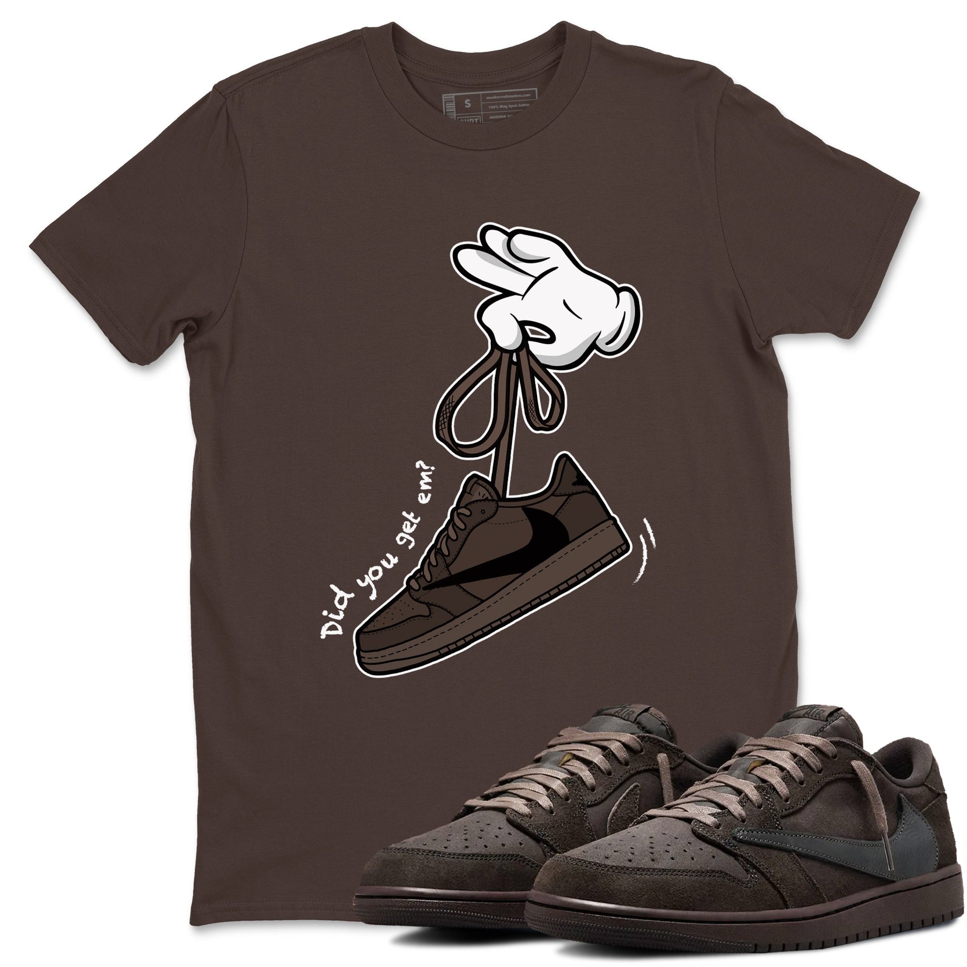 AJ1 Travis Scott Velvet Brown and Dark Mocha shirts to match jordans Cartoon Hands sneaker match tees 1s Travis Scott Velvet Brown match shoes to clothes SNRT Sneaker Tees unisex cotton Dark Chocolate 1 shirts
