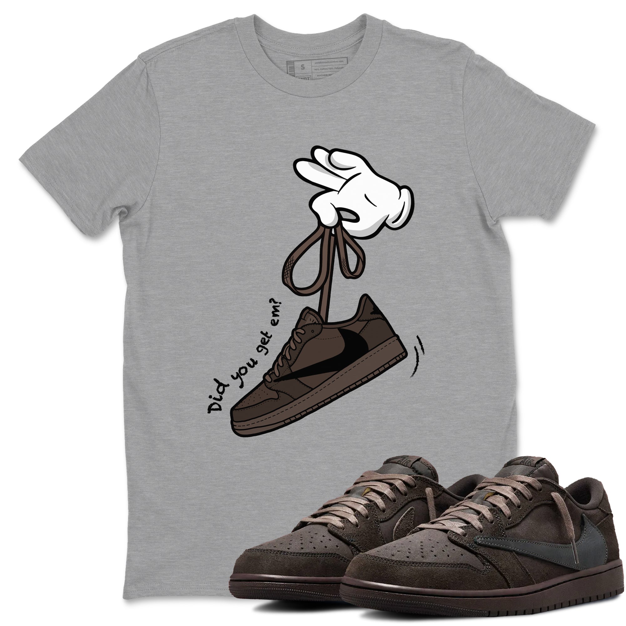 AJ1 Travis Scott Velvet Brown and Dark Mocha shirts to match jordans Cartoon Hands sneaker match tees 1s Travis Scott Velvet Brown match shoes to clothes SNRT Sneaker Tees unisex cotton Heather Grey 1 shirts