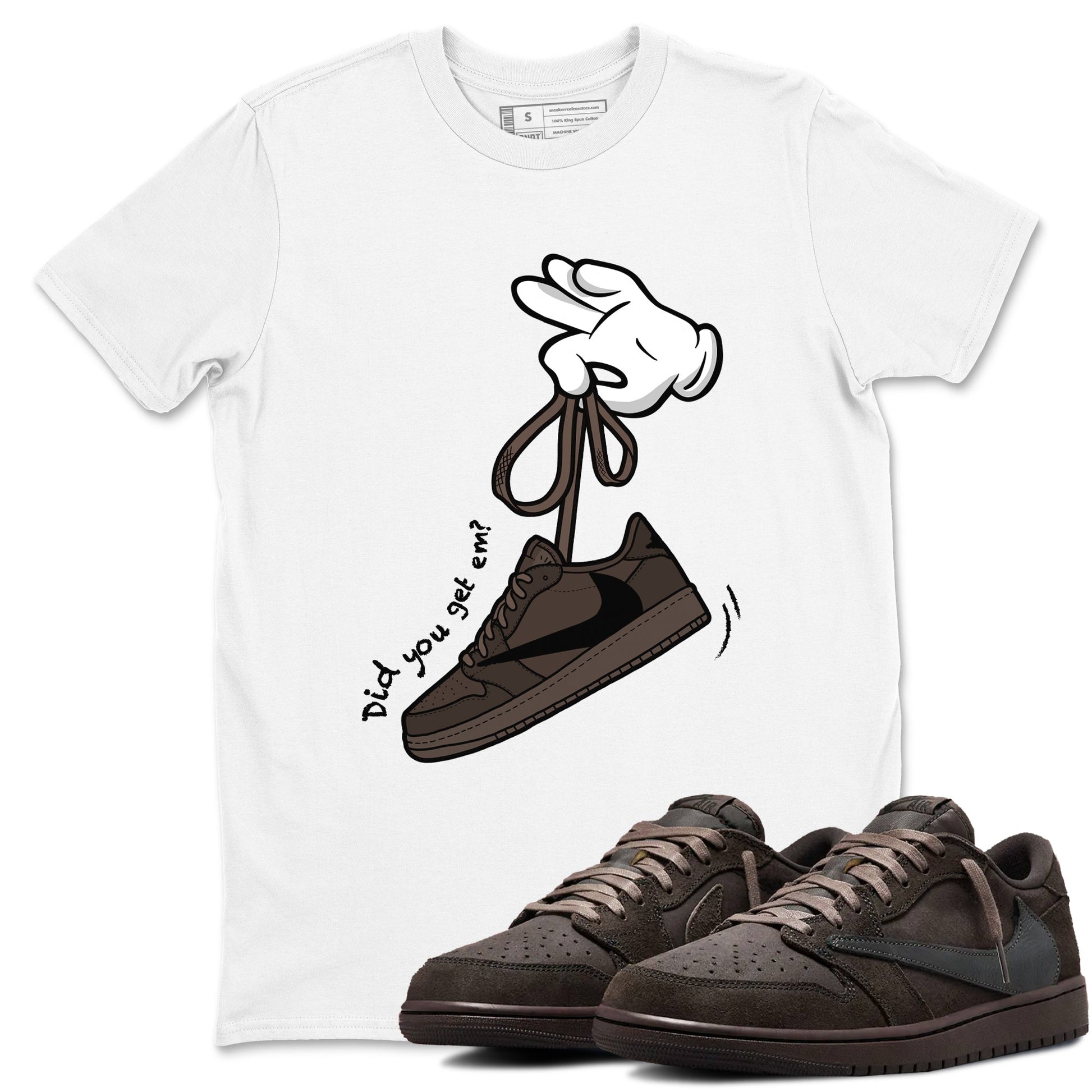 AJ1 Travis Scott Velvet Brown and Dark Mocha shirts to match jordans Cartoon Hands sneaker match tees 1s Travis Scott Velvet Brown match shoes to clothes SNRT Sneaker Tees unisex cotton White 1 shirts