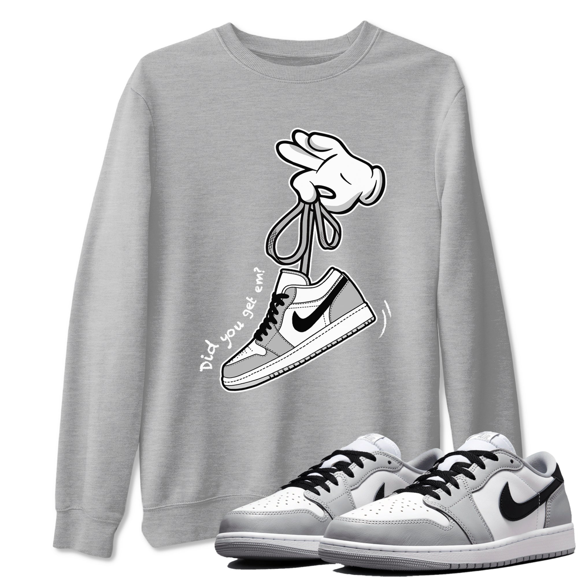 1s Wolf Grey shirts to match jordans Cartoon Hands sneaker match tees Air Jordan 1 Wolf Grey SNRT Sneaker Tees streetwear brand Heather Grey 1 unisex cotton tee