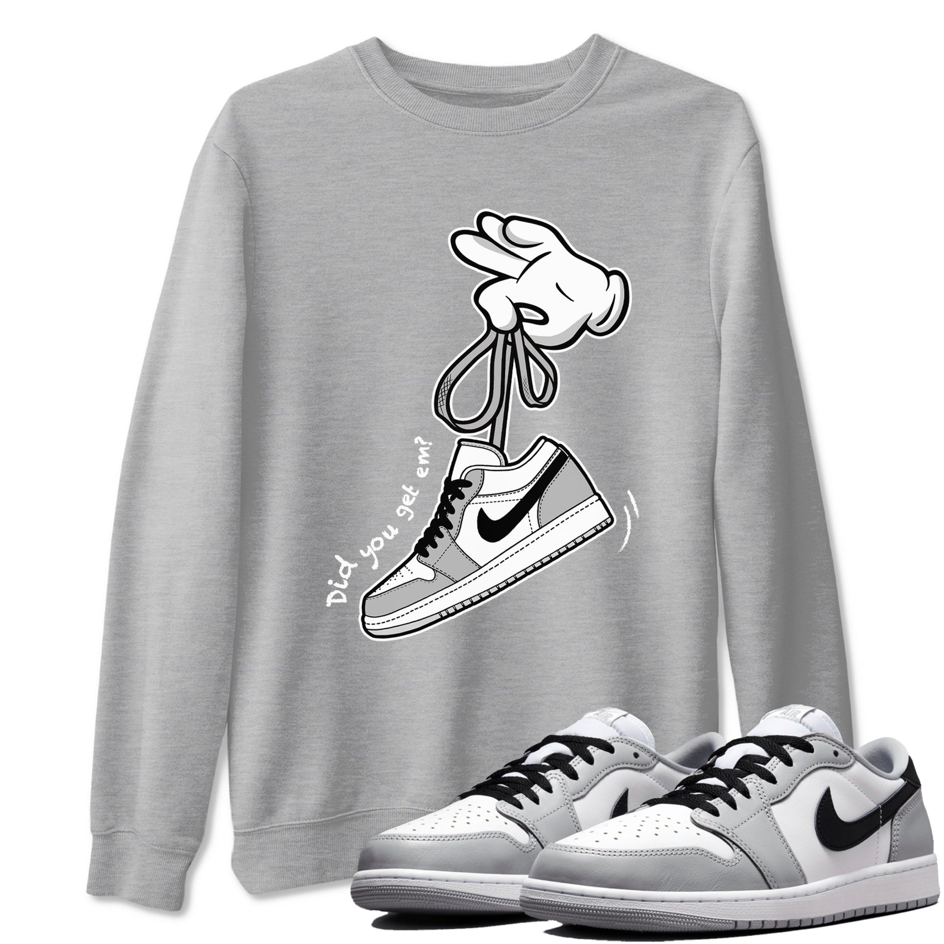 1s Wolf Grey shirts to match jordans Cartoon Hands sneaker match tees Air Jordan 1 Wolf Grey SNRT Sneaker Tees streetwear brand Heather Grey 1 unisex cotton tee