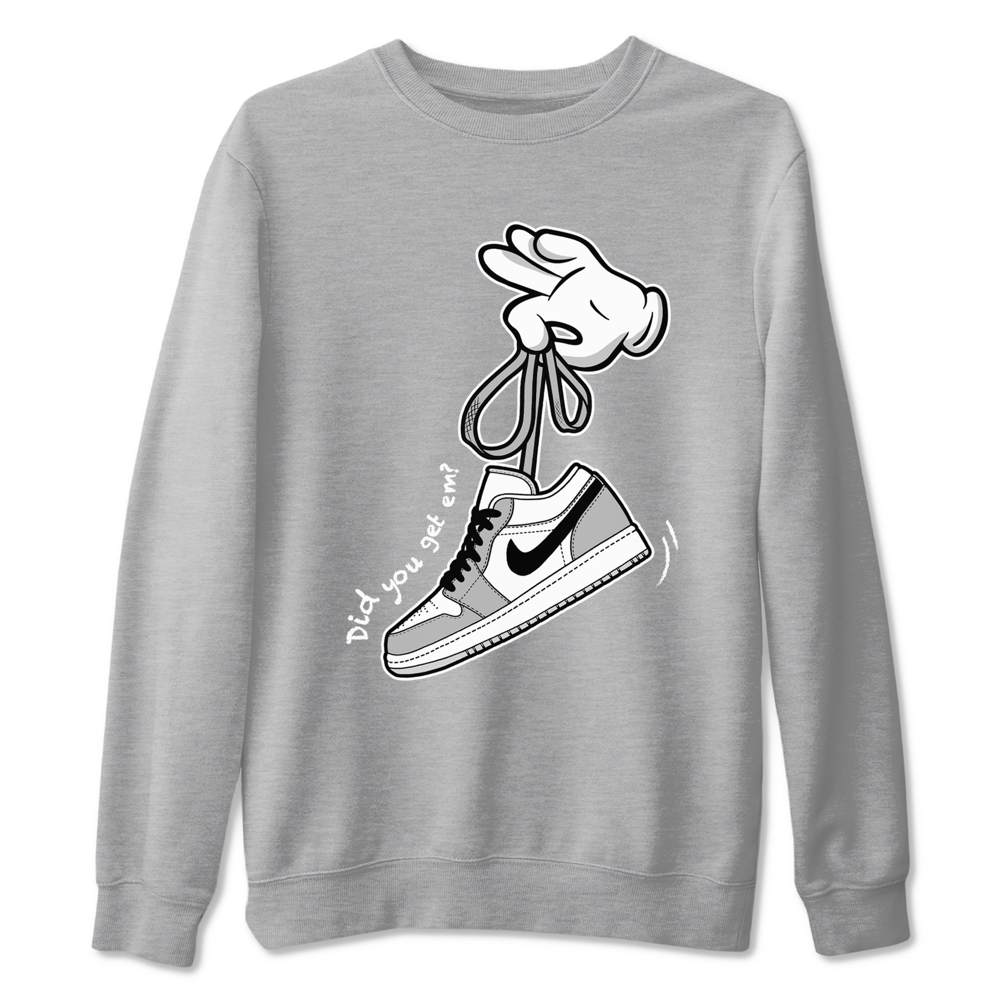 1s Wolf Grey shirts to match jordans Cartoon Hands sneaker match tees Air Jordan 1 Wolf Grey SNRT Sneaker Tees streetwear brand Heather Grey 2 unisex cotton tee
