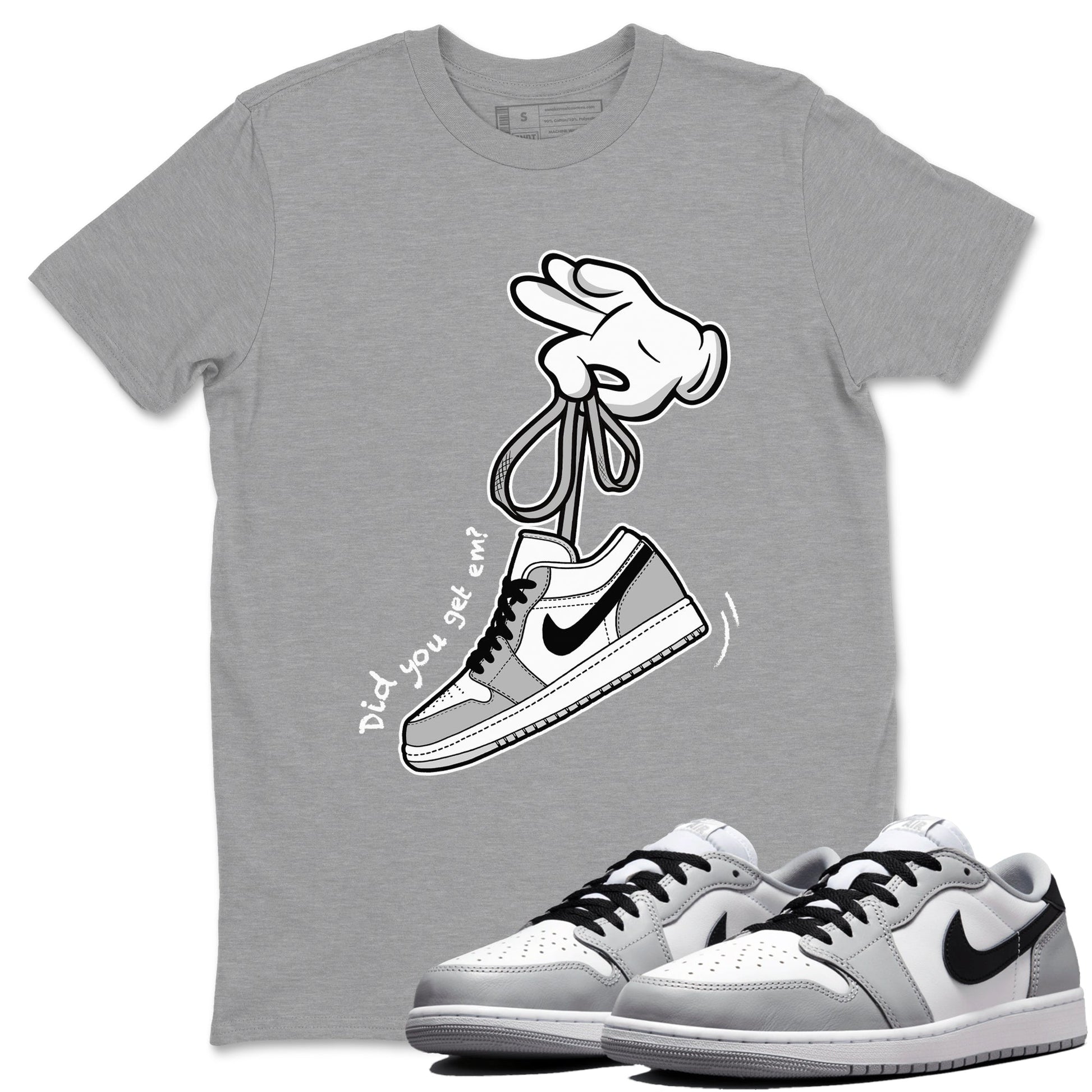 1s Wolf Grey shirts to match jordans Cartoon Hands sneaker match tees Air Jordan 1 Wolf Grey SNRT Sneaker Tees streetwear brand Heather Grey 1 unisex cotton tee