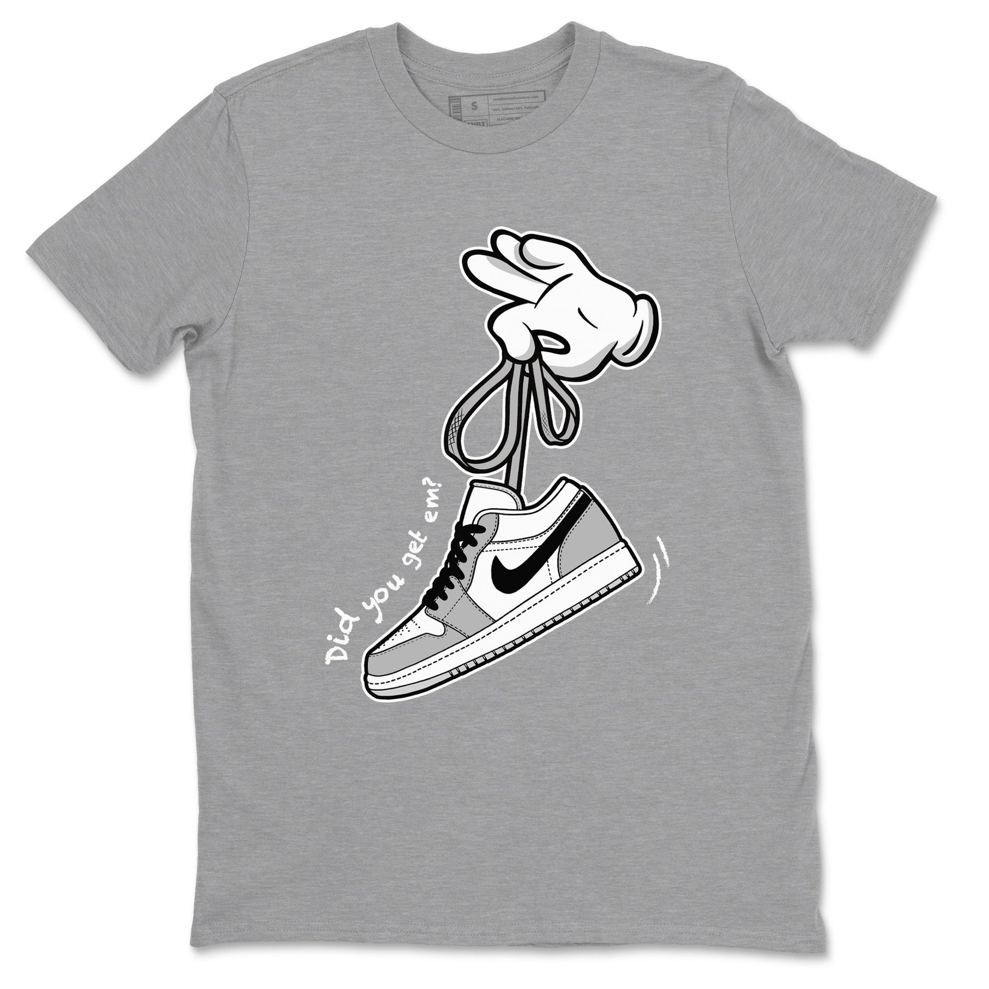 1s Wolf Grey shirts to match jordans Cartoon Hands sneaker match tees Air Jordan 1 Wolf Grey SNRT Sneaker Tees streetwear brand Heather Grey 2 unisex cotton tee