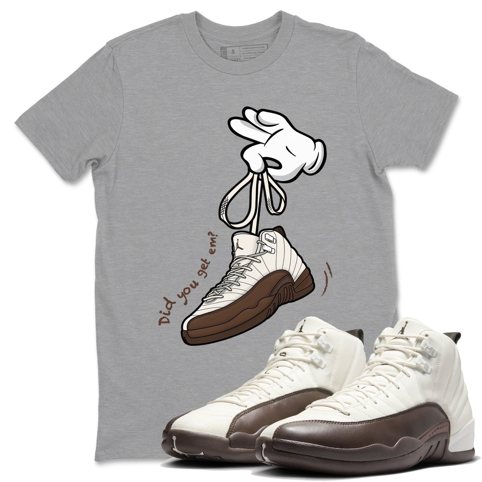 AJ12 Baroque Brown shirts to match jordans Cartoon Hands best t shirts to wear with jordans SoleFly x Jordan 12 Baroque Brown match shoes to clothes SNRT Sneaker Tees unisex cotton Heather Grey 1 shirts