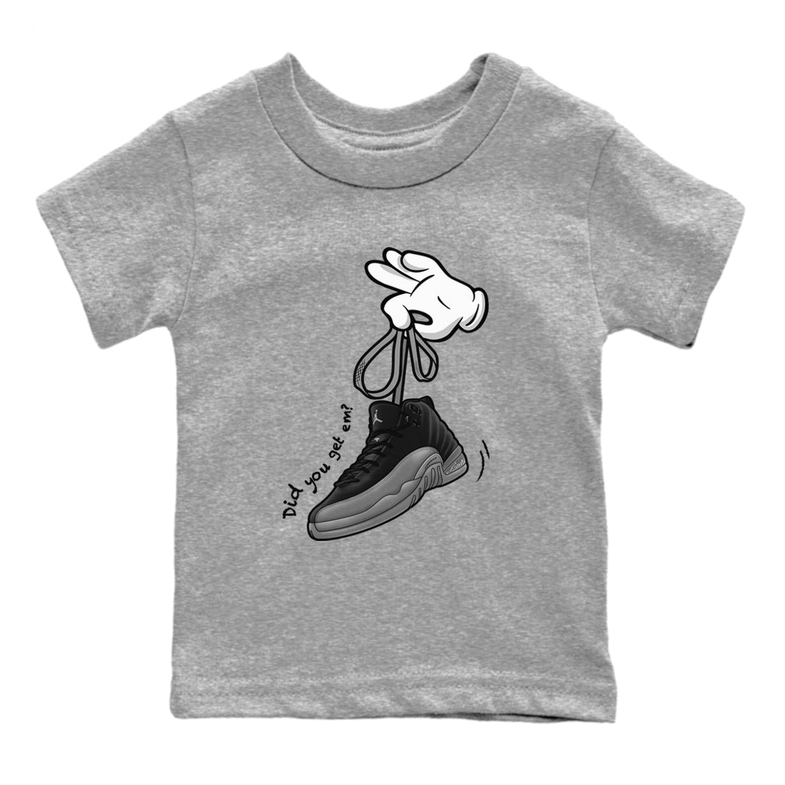 12 Black Wolf Grey Shirts To Match Jordans Cartoon Hands Sneaker Shirts Air Jordan 12 Retro Black Wolf Grey SNRT Sneaker Release Tees Baby Youth Toddler Heather Grey 2 crew neck shirts