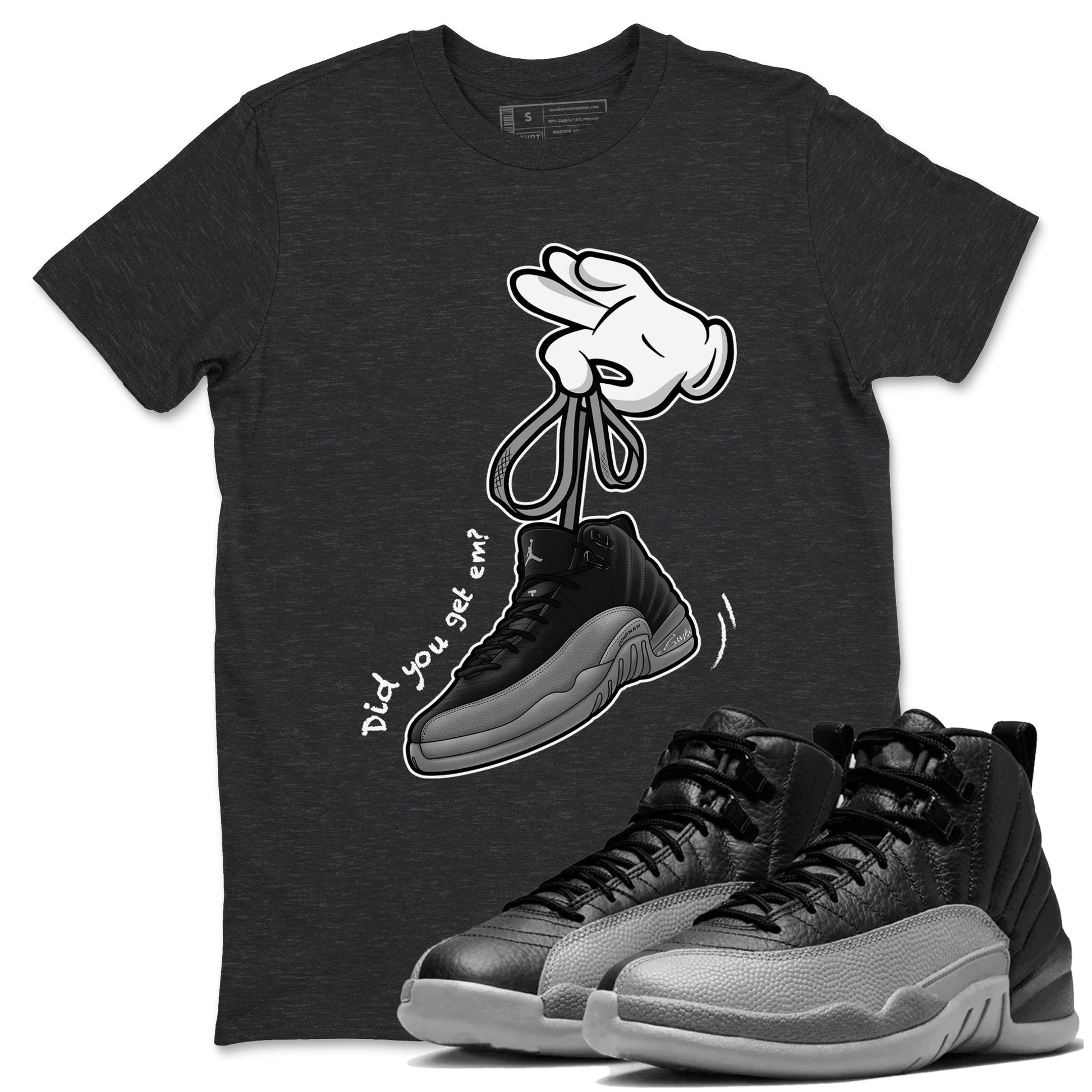 12 Black Wolf Grey Shirts To Match Jordans Cartoon Hands Sneaker Shirts Air Jordan 12 Retro Black Wolf Grey SNRT Sneaker Release Tees Unisex Cotton Crew Neck Charcoal Heather 1 crew neck shirts