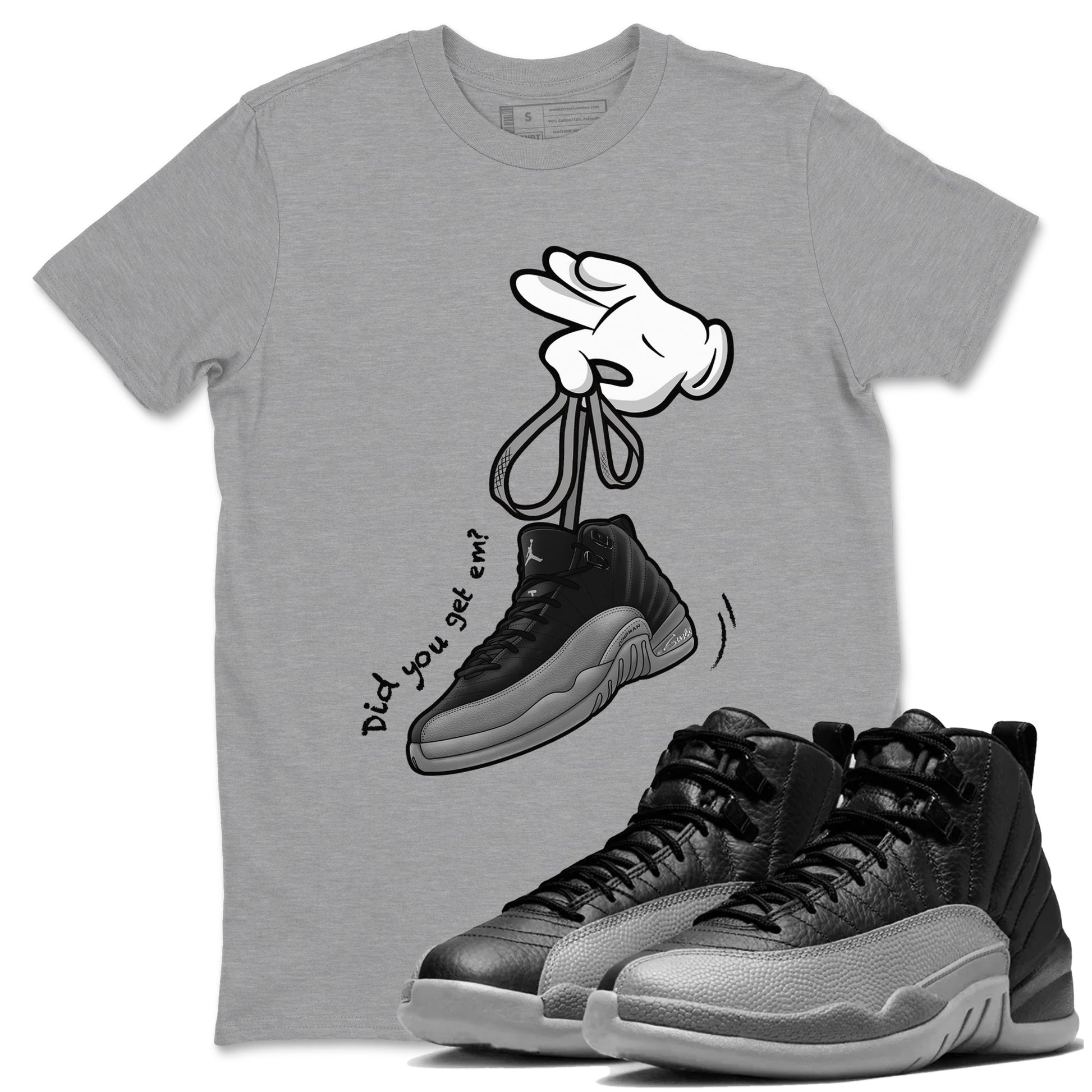 12 Black Wolf Grey Shirts To Match Jordans Cartoon Hands Sneaker Shirts Air Jordan 12 Retro Black Wolf Grey SNRT Sneaker Release Tees Unisex Cotton Crew Neck Heather Grey 1 crew neck shirts