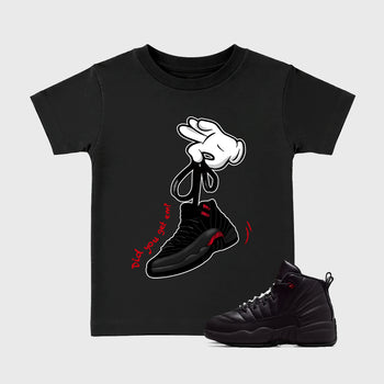 Cartoon Hands affordable baby and kids t-shirt designed to match the Air Jordan 12 Retro Bloodline, featuring coordinated Black 1 options for the perfect little sneakerhead streetwear look.