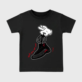 Cartoon Hands affordable baby and kids t-shirt designed to match the Air Jordan 12 Retro Bloodline, featuring coordinated Black 2 options for the perfect little sneakerhead streetwear look.