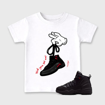 Cartoon Hands affordable baby and kids t-shirt designed to match the Air Jordan 12 Retro Bloodline, featuring coordinated White 1 options for the perfect little sneakerhead streetwear look.