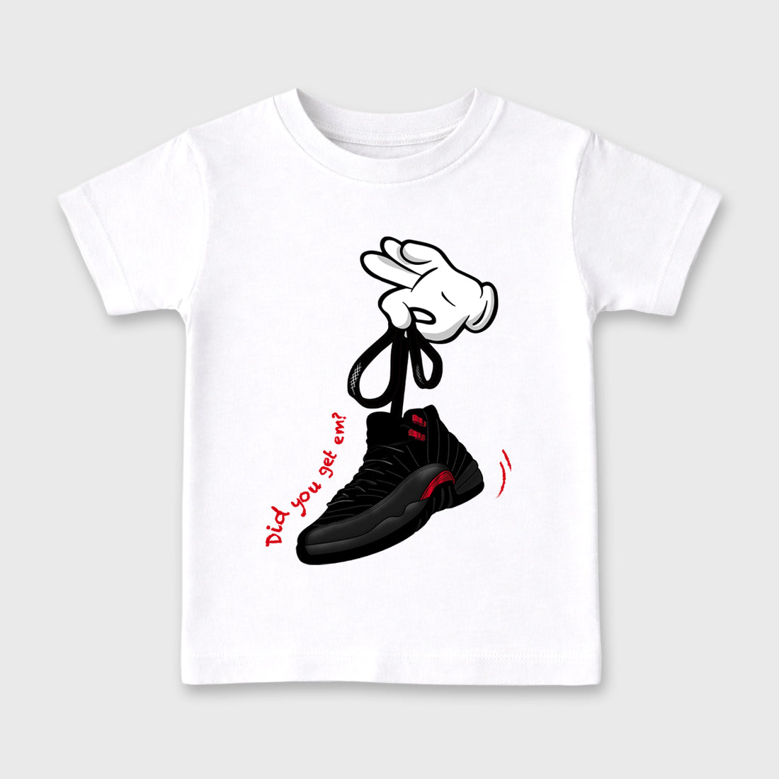 Cartoon Hands affordable baby and kids t-shirt designed to match the Air Jordan 12 Retro Bloodline, featuring coordinated White 2 options for the perfect little sneakerhead streetwear look.