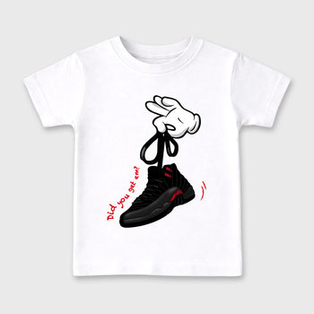 Cartoon Hands affordable baby and kids t-shirt designed to match the Air Jordan 12 Retro Bloodline, featuring coordinated White 2 options for the perfect little sneakerhead streetwear look.