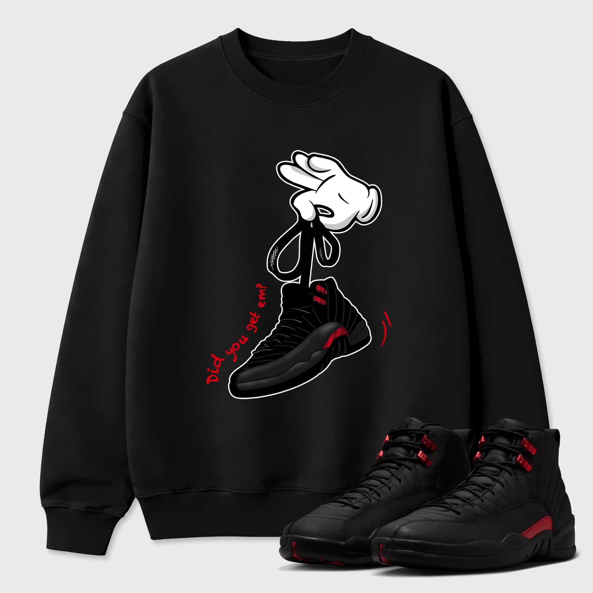 Cartoon Hands Graphic T-Shirt sneaker match tee designed for the Air Jordan 12 Retro Bloodline, featuring coordinated color options for a perfect streetwear match. Black 1 shirt.