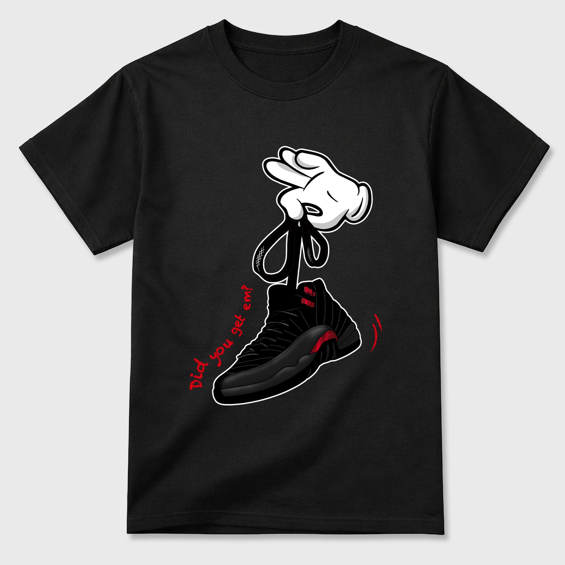 Cartoon Hands Graphic T-Shirt sneaker match tee designed for the Air Jordan 12 Retro Bloodline, featuring coordinated color options for a perfect streetwear match. Black 2 shirt.