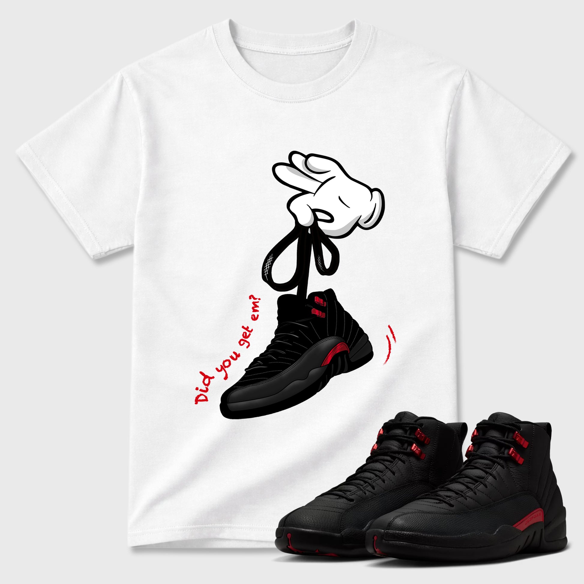 Cartoon Hands Graphic T-Shirt sneaker match tee designed for the Air Jordan 12 Retro Bloodline, featuring coordinated color options for a perfect streetwear match. White 1 shirt.
