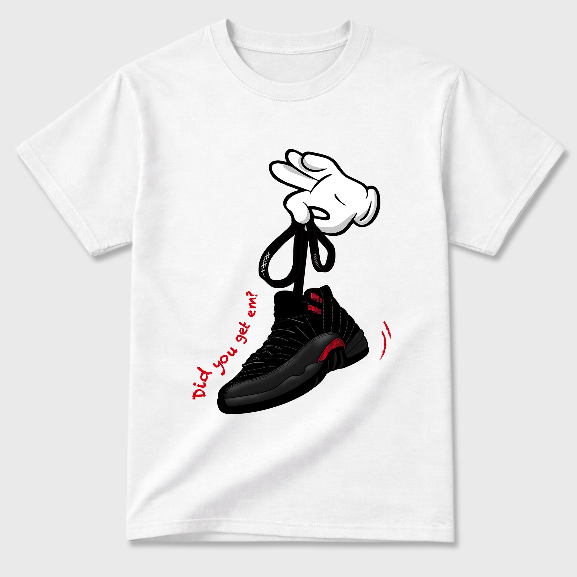 Cartoon Hands Graphic T-Shirt sneaker match tee designed for the Air Jordan 12 Retro Bloodline, featuring coordinated color options for a perfect streetwear match. White 2 shirt.