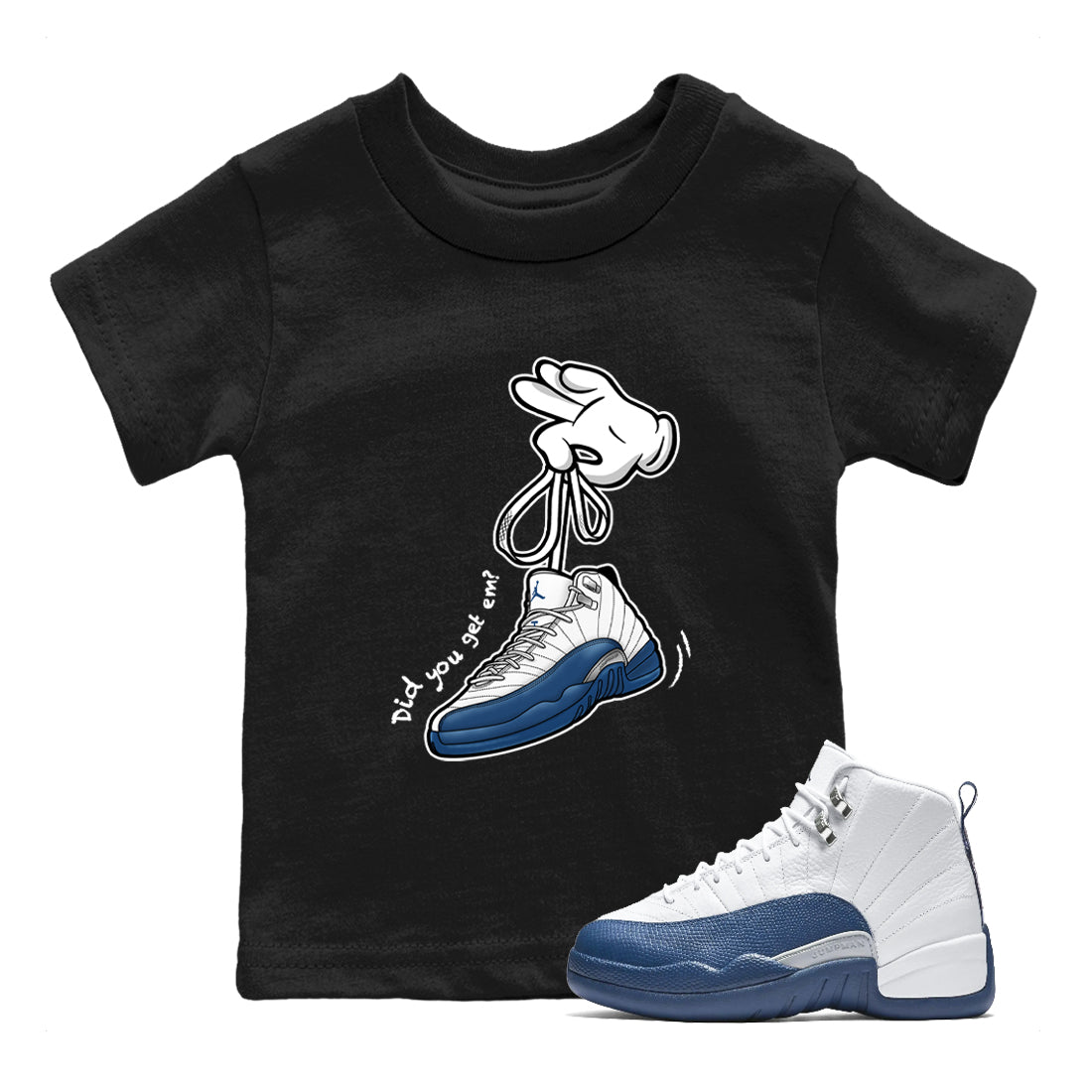 Cartoon Hands baby and kids t-shirt crafted for little sneakerheads to shine with the Air Jordan 12 French Blue sneakers, displayed in Black 1.