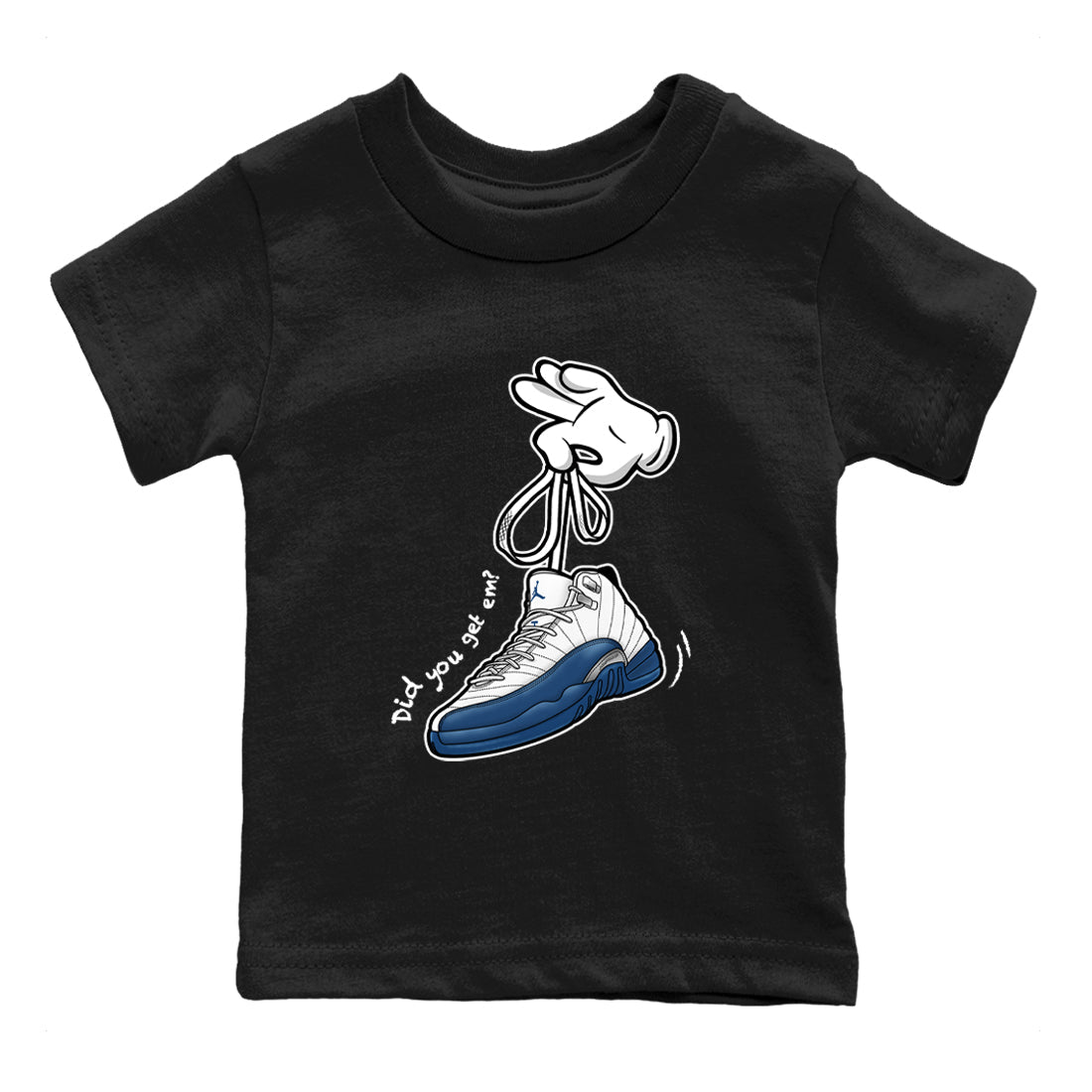 Cartoon Hands baby and kids t-shirt crafted for little sneakerheads to shine with the Air Jordan 12 French Blue sneakers, displayed in Black 2.