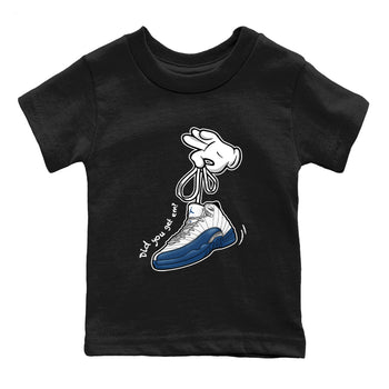 Cartoon Hands baby and kids t-shirt crafted for little sneakerheads to shine with the Air Jordan 12 French Blue sneakers, displayed in Black 2.