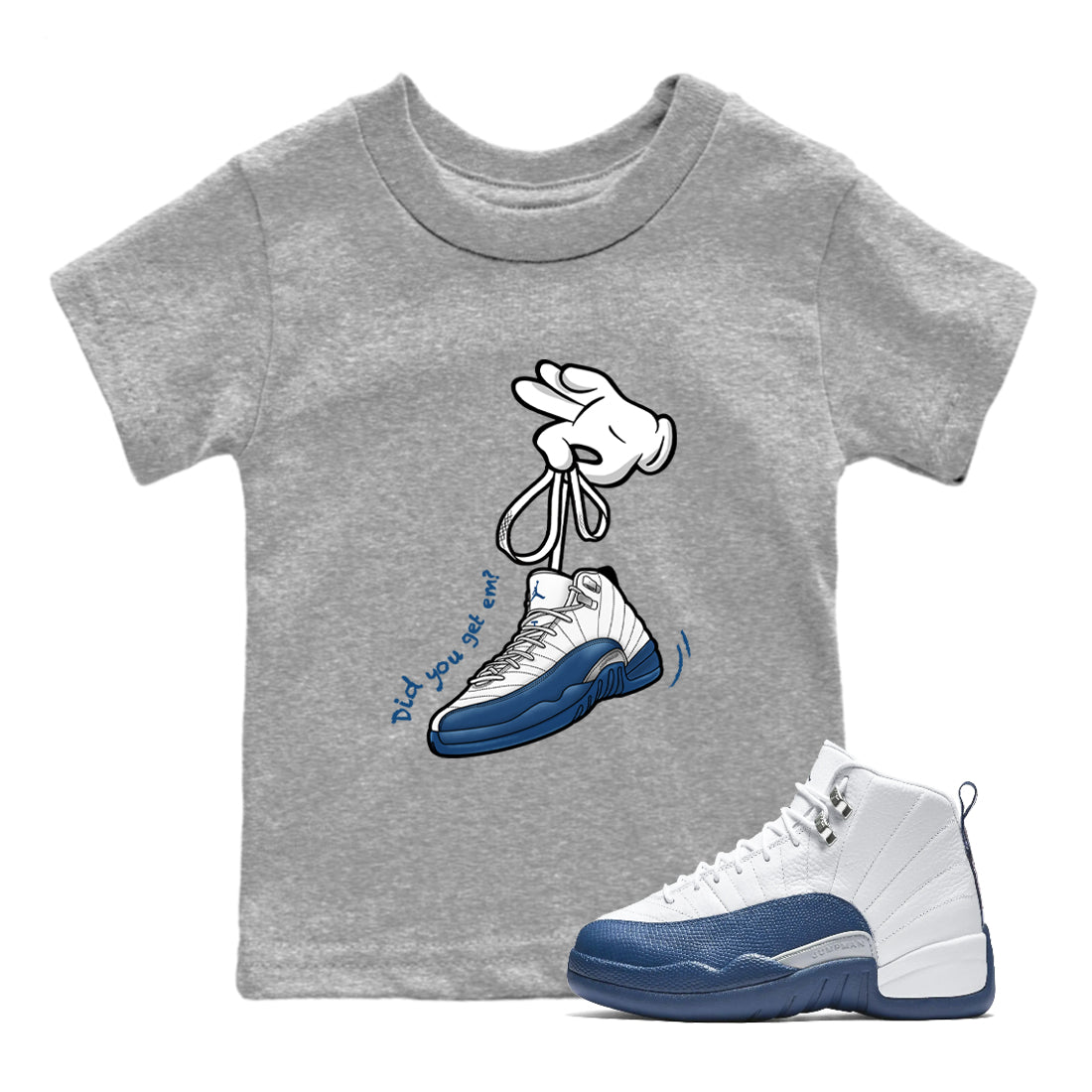 Cartoon Hands baby and kids t-shirt crafted for little sneakerheads to shine with the Air Jordan 12 French Blue sneakers, displayed in Heather Grey 1.
