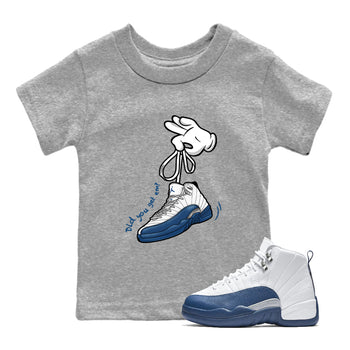 Cartoon Hands baby and kids t-shirt crafted for little sneakerheads to shine with the Air Jordan 12 French Blue sneakers, displayed in Heather Grey 1.