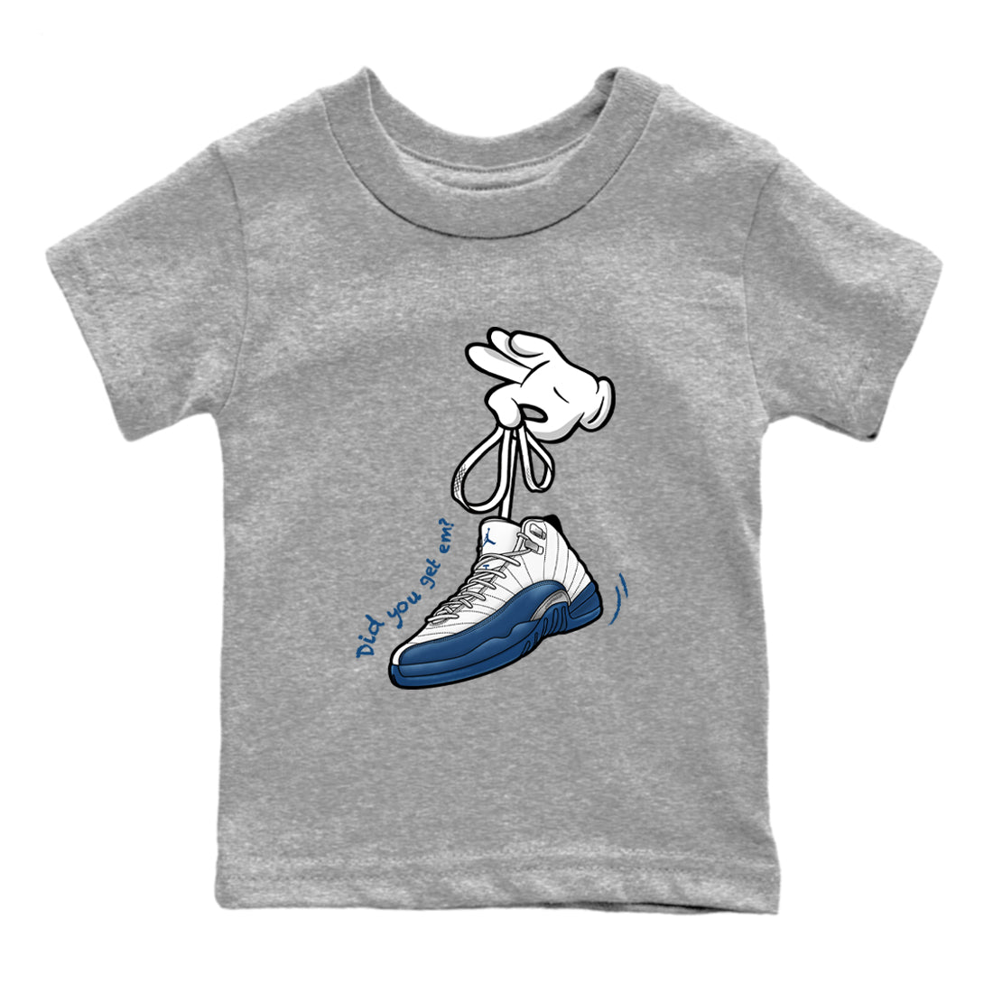 Cartoon Hands baby and kids t-shirt crafted for little sneakerheads to shine with the Air Jordan 12 French Blue sneakers, displayed in Heather Grey 2.
