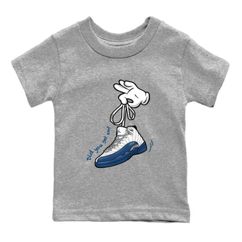 Cartoon Hands baby and kids t-shirt crafted for little sneakerheads to shine with the Air Jordan 12 French Blue sneakers, displayed in Heather Grey 2.