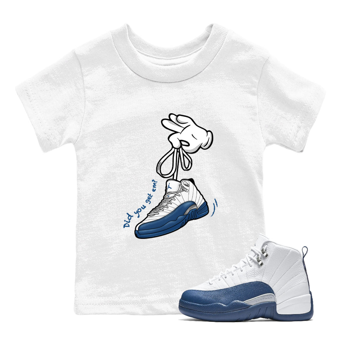 Cartoon Hands baby and kids t-shirt crafted for little sneakerheads to shine with the Air Jordan 12 French Blue sneakers, displayed in White 1.