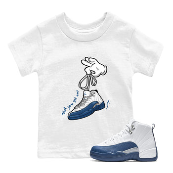 Cartoon Hands baby and kids t-shirt crafted for little sneakerheads to shine with the Air Jordan 12 French Blue sneakers, displayed in White 1.