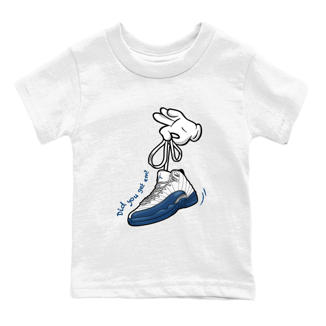 Cartoon Hands baby and kids t-shirt crafted for little sneakerheads to shine with the Air Jordan 12 French Blue sneakers, displayed in White 2.