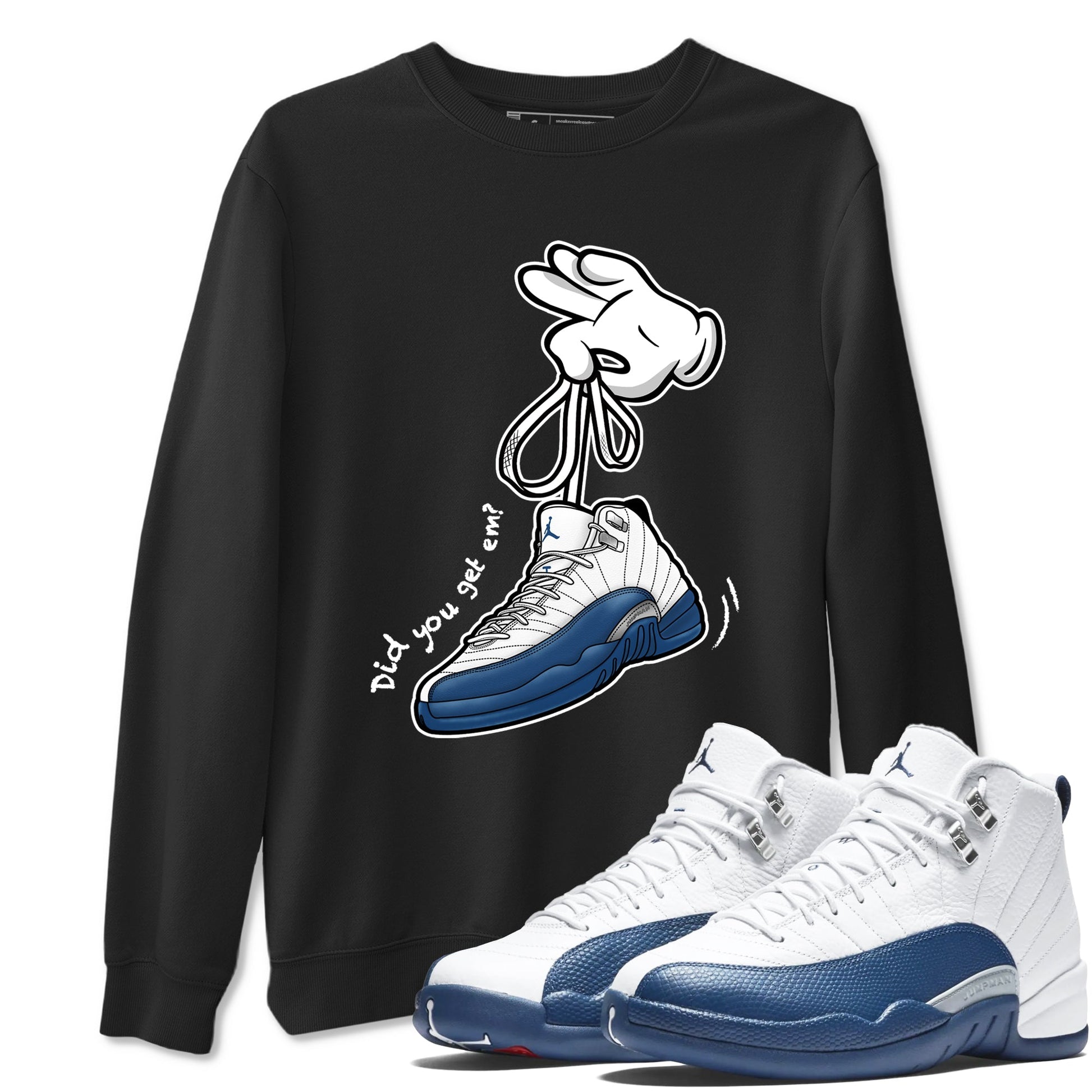 Cartoon Hands sneaker match t-shirt styled to complete your fit with the Air Jordan 12 French Blue sneakers, shown in Black 1.