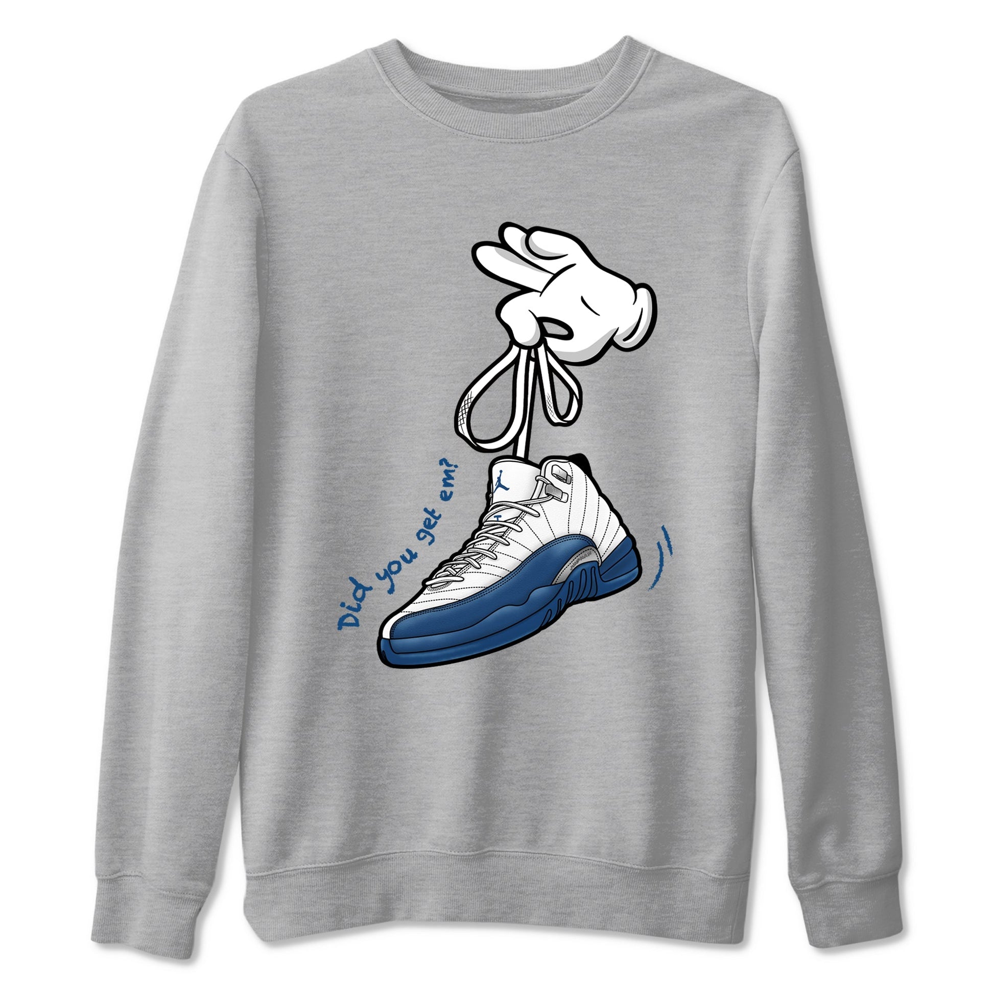 Cartoon Hands sneaker match t-shirt styled to complete your fit with the Air Jordan 12 French Blue sneakers, shown in Heather Grey 2.